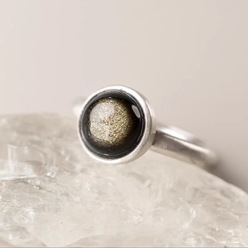 Wear FengShui Natural 925 Sterling Silver Gold Sheen Obsidian Adjustable Wealth Ring