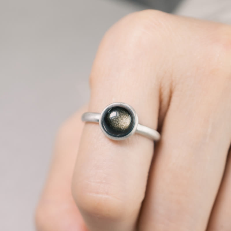 Wear FengShui Natural 925 Sterling Silver Gold Sheen Obsidian Adjustable Wealth Ring
