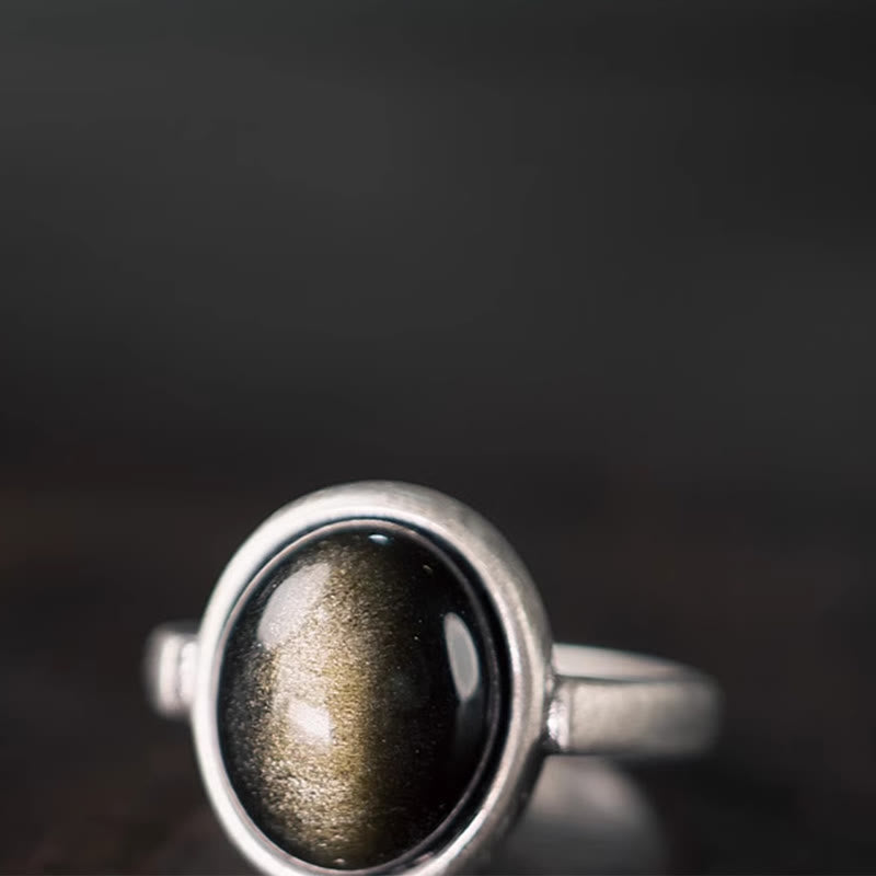 Wear FengShui Natural 925 Sterling Silver Gold Sheen Obsidian Adjustable Wealth Ring