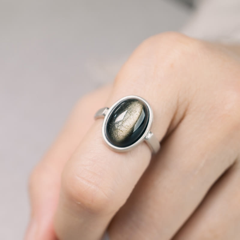 Wear FengShui Natural 925 Sterling Silver Gold Sheen Obsidian Adjustable Wealth Ring