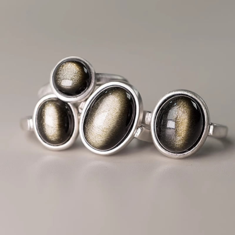 Wear FengShui Natural 925 Sterling Silver Gold Sheen Obsidian Adjustable Wealth Ring