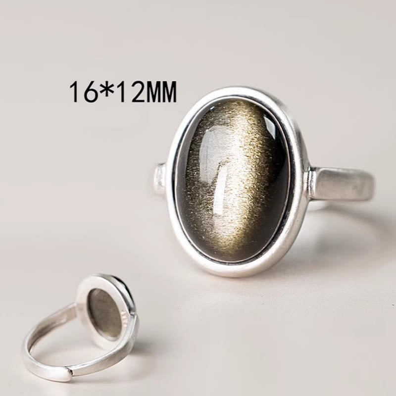 Wear FengShui Natural 925 Sterling Silver Gold Sheen Obsidian Adjustable Wealth Ring