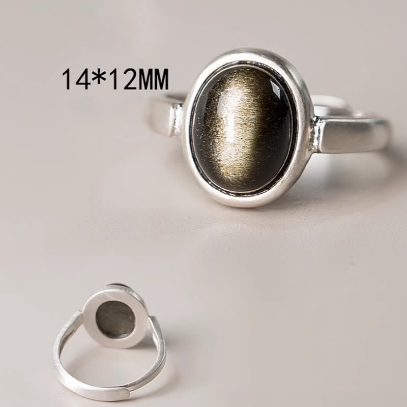 Wear FengShui Natural 925 Sterling Silver Gold Sheen Obsidian Adjustable Wealth Ring