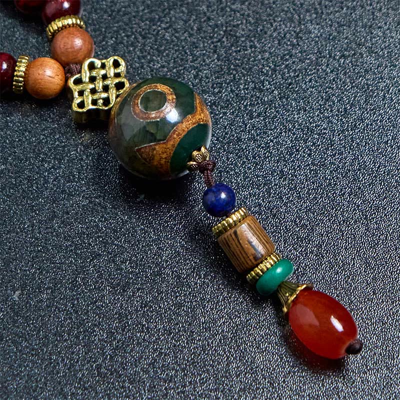 Wear FengShui Tibetan Handmade Wenge Wood Protection Dzi Bead Elephant Head Necklace Pendant