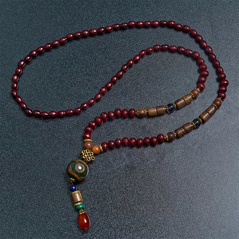 Wear FengShui Tibetan Handmade Wenge Wood Protection Dzi Bead Elephant Head Necklace Pendant
