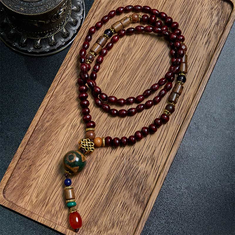 Wear FengShui Tibetan Handmade Wenge Wood Protection Dzi Bead Elephant Head Necklace Pendant