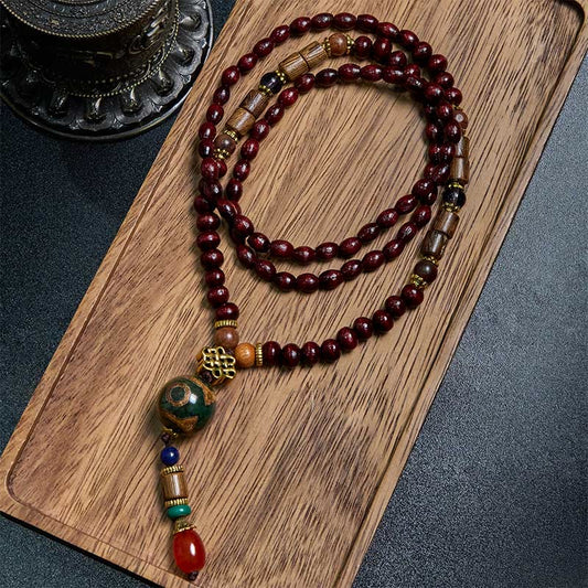Wear FengShui Tibetan Handmade Wenge Wood Protection Dzi Bead Elephant Head Necklace Pendant