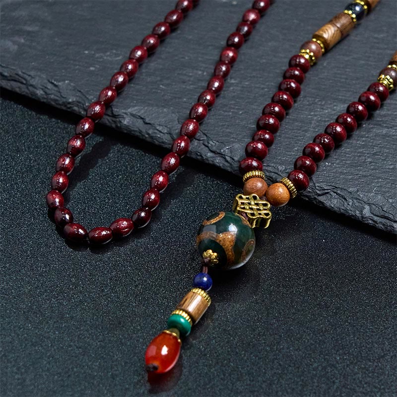 Wear FengShui Tibetan Handmade Wenge Wood Protection Dzi Bead Elephant Head Necklace Pendant