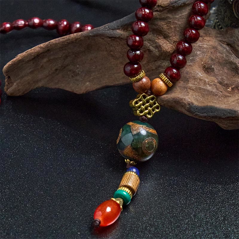 Wear FengShui Tibetan Handmade Wenge Wood Protection Dzi Bead Elephant Head Necklace Pendant