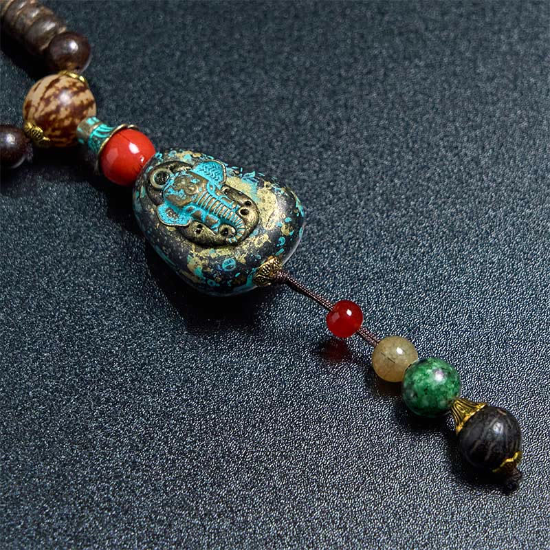 Wear FengShui Tibetan Handmade Wenge Wood Protection Dzi Bead Elephant Head Necklace Pendant