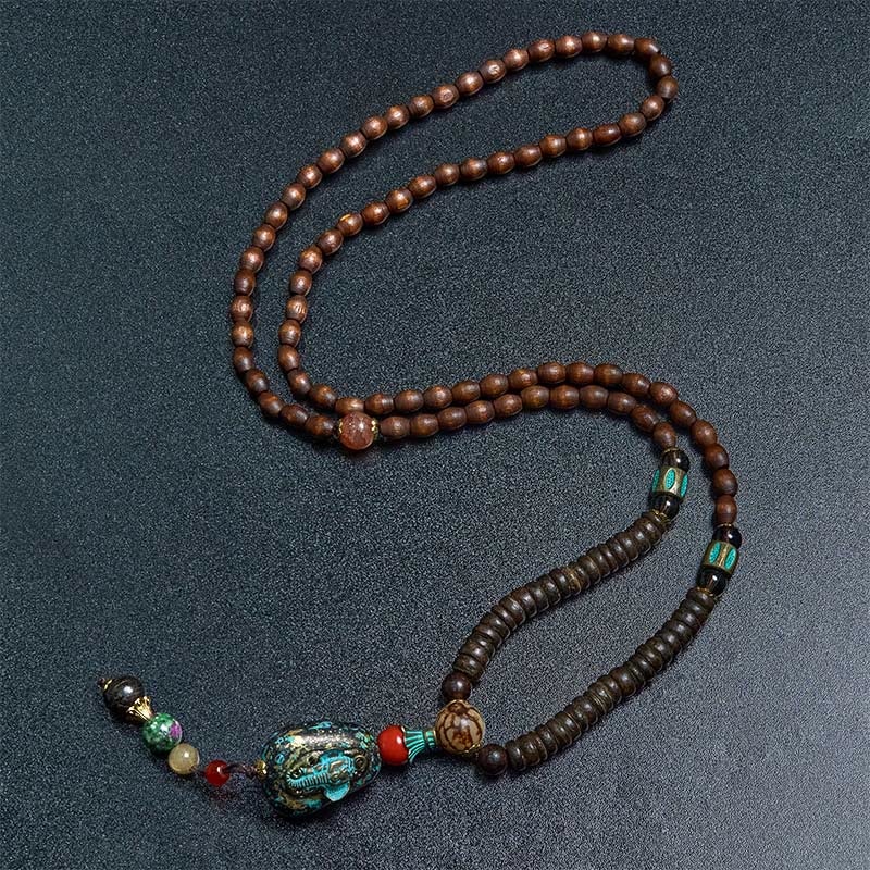 Wear FengShui Tibetan Handmade Wenge Wood Protection Dzi Bead Elephant Head Necklace Pendant