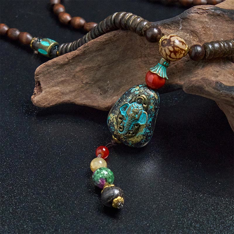 Wear FengShui Tibetan Handmade Wenge Wood Protection Dzi Bead Elephant Head Necklace Pendant