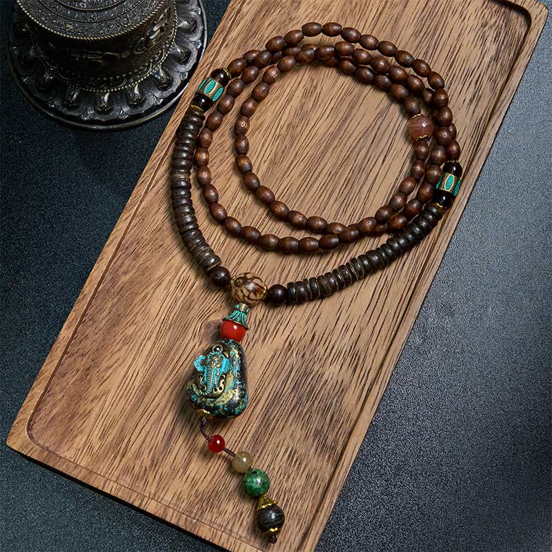 Wear FengShui Tibetan Handmade Wenge Wood Protection Dzi Bead Elephant Head Necklace Pendant