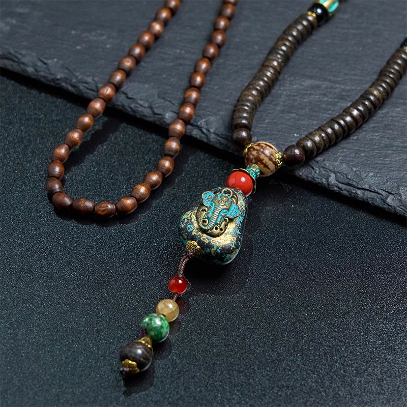 Wear FengShui Tibetan Handmade Wenge Wood Protection Dzi Bead Elephant Head Necklace Pendant