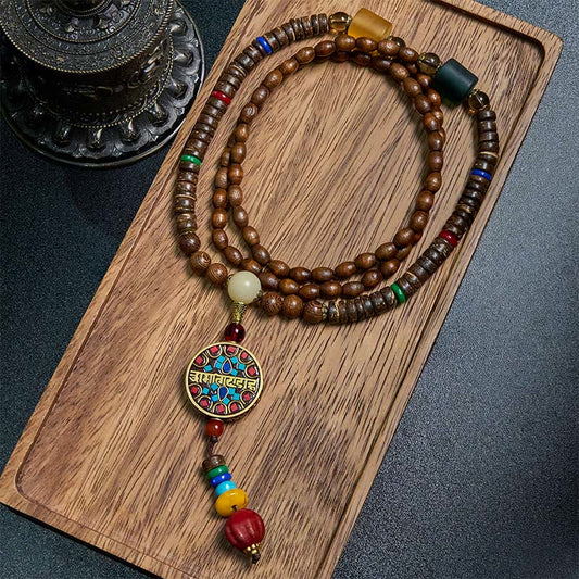 Wear FengShui Tibetan Handmade Coconut Shell Schima Wood Great Bright Mantra Copper Bead Balance Necklace Pendant