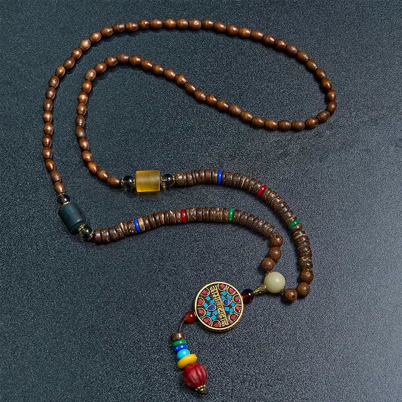 Wear FengShui Tibetan Handmade Coconut Shell Schima Wood Great Bright Mantra Copper Bead Balance Necklace Pendant