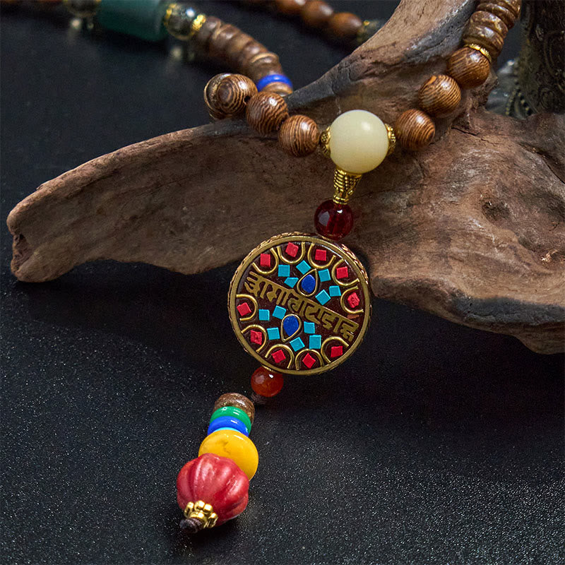 Wear FengShui Tibetan Handmade Coconut Shell Schima Wood Great Bright Mantra Copper Bead Balance Necklace Pendant