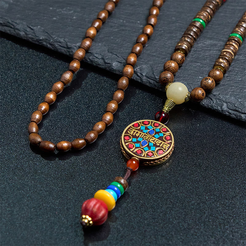Wear FengShui Tibetan Handmade Coconut Shell Schima Wood Great Bright Mantra Copper Bead Balance Necklace Pendant