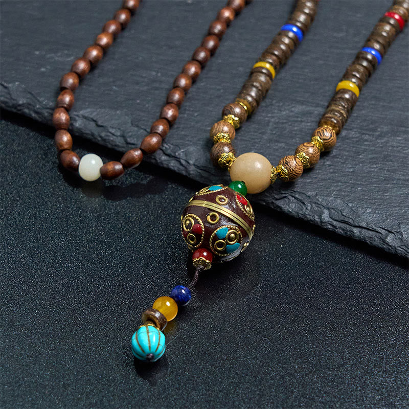 Wear FengShui Tibetan Handmade Coconut Shell Schima Wood Great Bright Mantra Copper Bead Balance Necklace Pendant