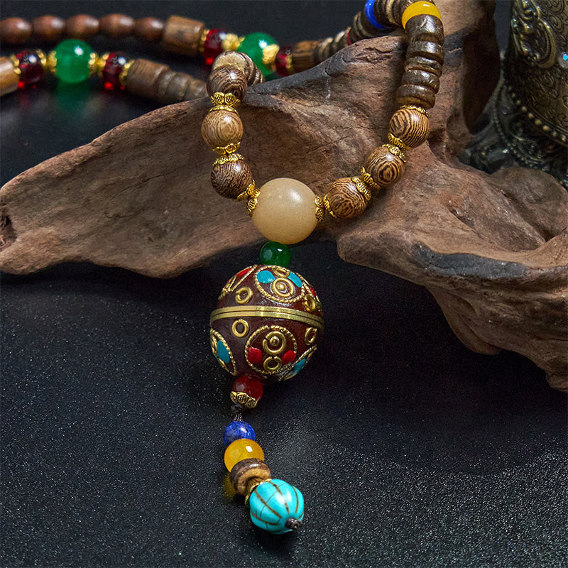 Wear FengShui Tibetan Handmade Coconut Shell Schima Wood Great Bright Mantra Copper Bead Balance Necklace Pendant