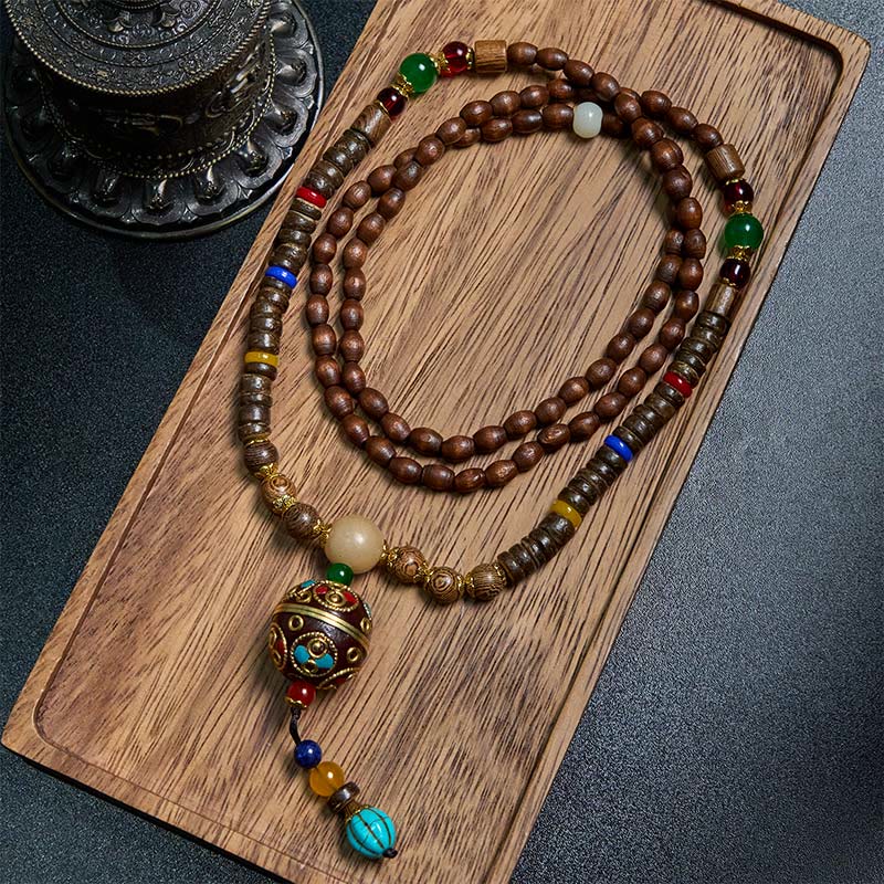 Wear FengShui Tibetan Handmade Coconut Shell Schima Wood Great Bright Mantra Copper Bead Balance Necklace Pendant