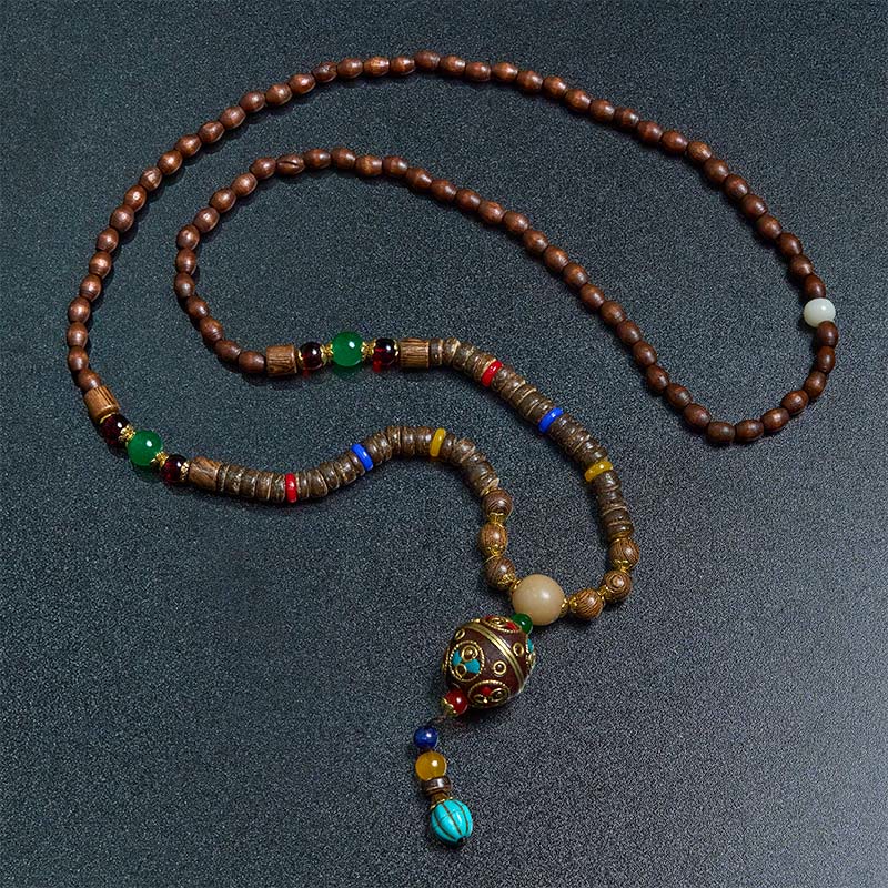 Wear FengShui Tibetan Handmade Coconut Shell Schima Wood Great Bright Mantra Copper Bead Balance Necklace Pendant