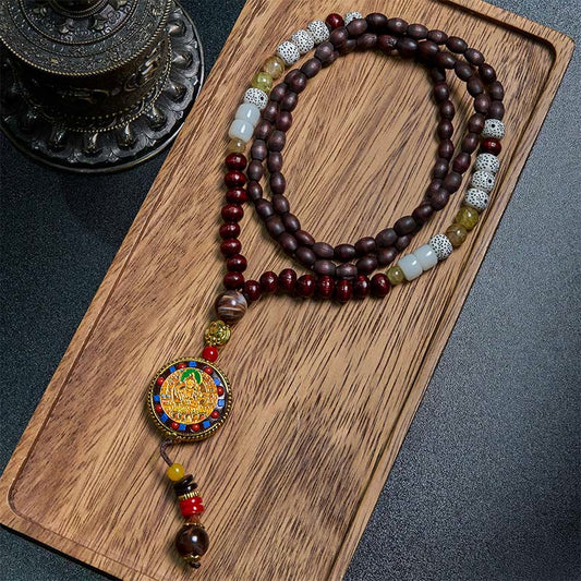 Wear FengShui Tibetan Handmade Wood Beads Om Mani Padme Hum Samantabhadra Bodhisattva Purity Necklace Pendant