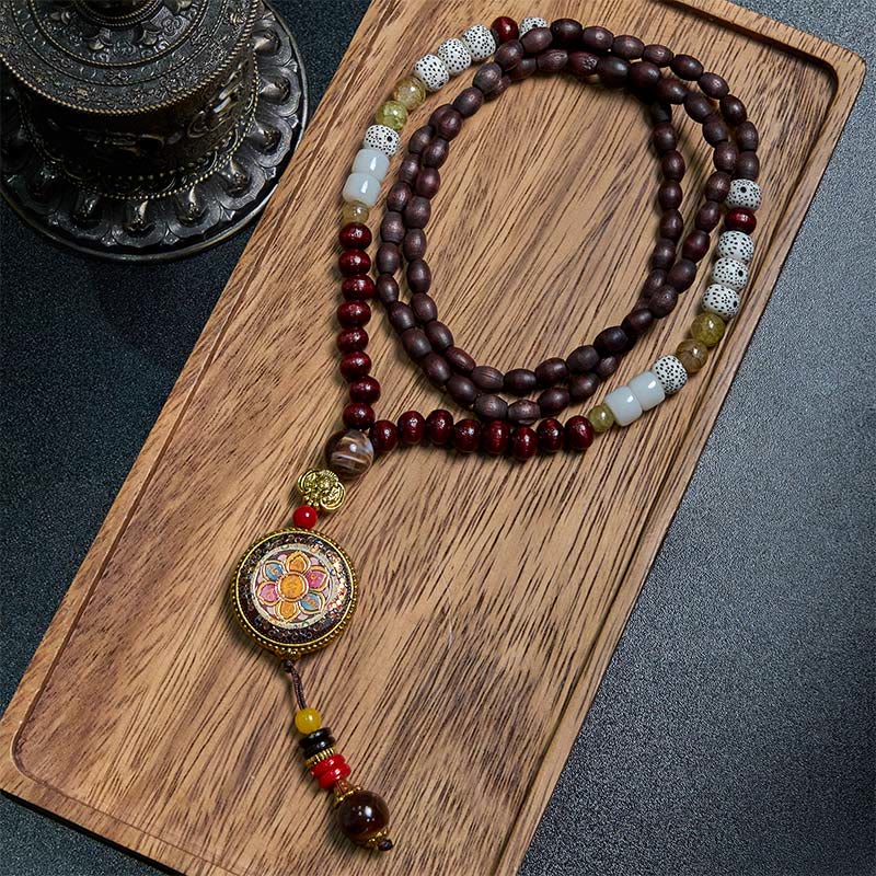 Wear FengShui Tibetan Handmade Wood Beads Om Mani Padme Hum Samantabhadra Bodhisattva Purity Necklace Pendant