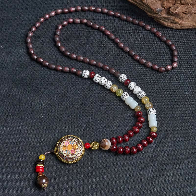 Wear FengShui Tibetan Handmade Wood Beads Om Mani Padme Hum Samantabhadra Bodhisattva Purity Necklace Pendant