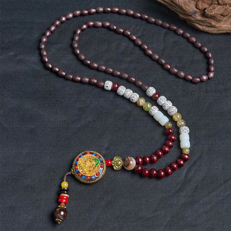 Wear FengShui Tibetan Handmade Wood Beads Om Mani Padme Hum Samantabhadra Bodhisattva Purity Necklace Pendant