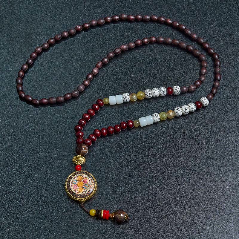 Wear FengShui Tibetan Handmade Wood Beads Om Mani Padme Hum Samantabhadra Bodhisattva Purity Necklace Pendant