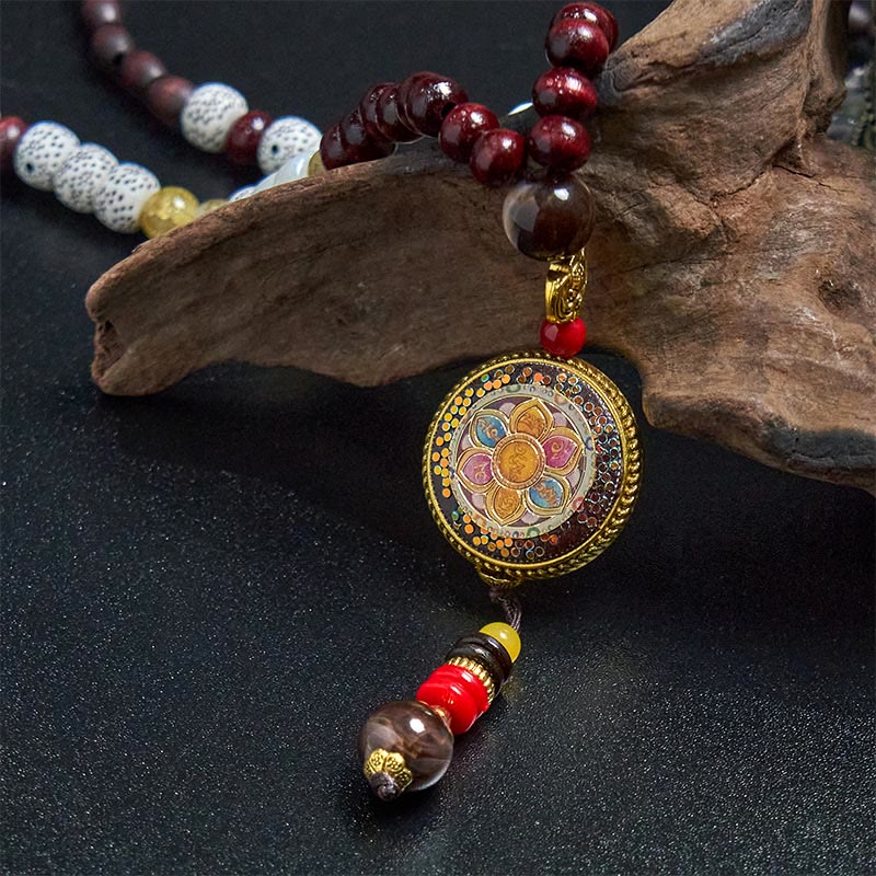 Wear FengShui Tibetan Handmade Wood Beads Om Mani Padme Hum Samantabhadra Bodhisattva Purity Necklace Pendant