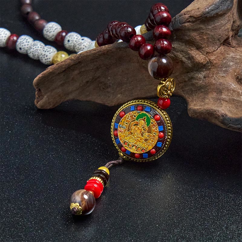 Wear FengShui Tibetan Handmade Wood Beads Om Mani Padme Hum Samantabhadra Bodhisattva Purity Necklace Pendant
