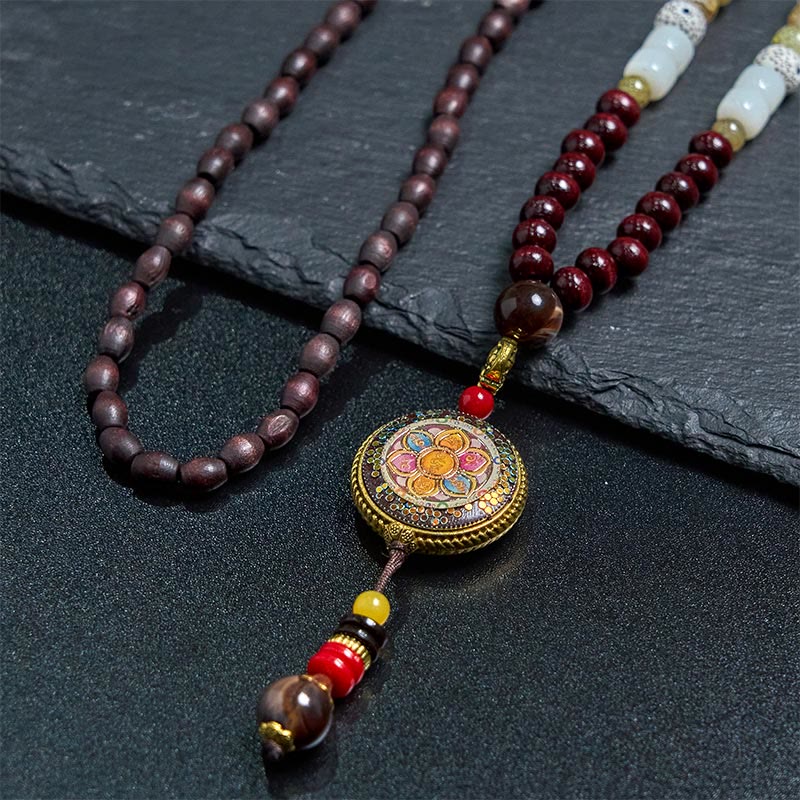Wear FengShui Tibetan Handmade Wood Beads Om Mani Padme Hum Samantabhadra Bodhisattva Purity Necklace Pendant