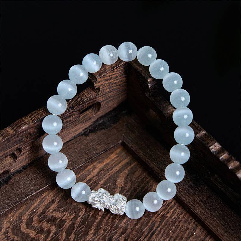 Wear FengShui Natural Cat's Eye Beads 990 Sterling Silver Pixiu Positive Bracelet