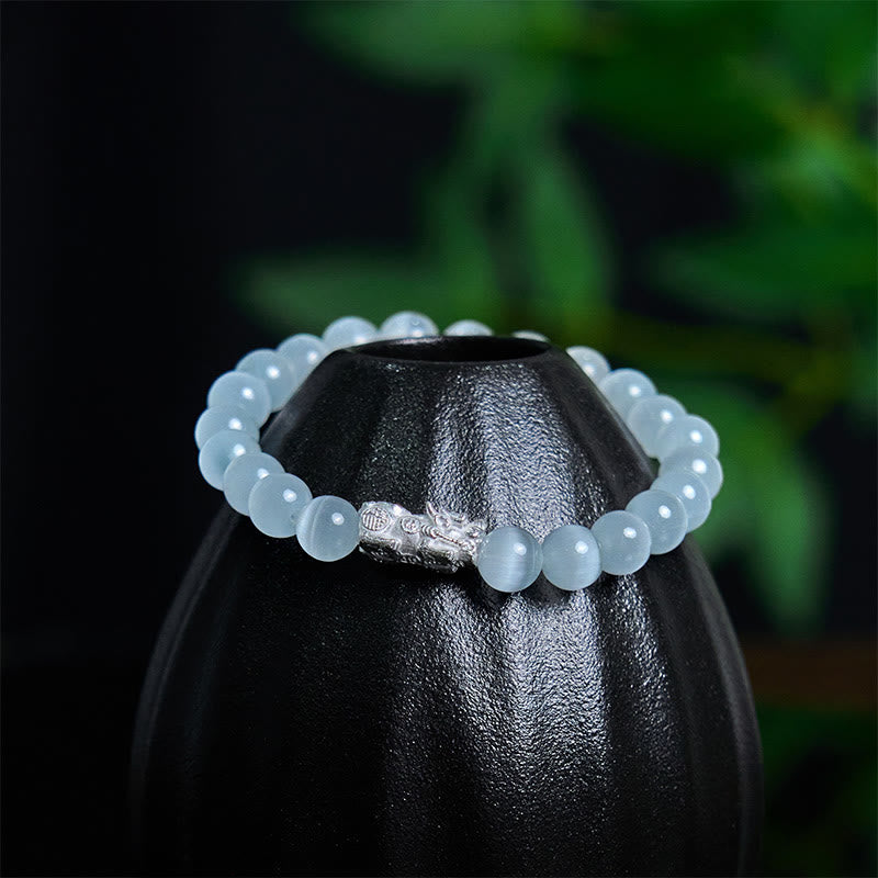 Wear FengShui Natural Cat's Eye Beads 990 Sterling Silver Pixiu Positive Bracelet