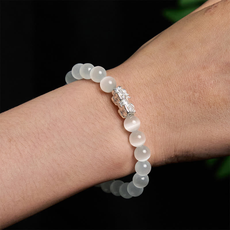 Wear FengShui Natural Cat's Eye Beads 990 Sterling Silver Pixiu Positive Bracelet
