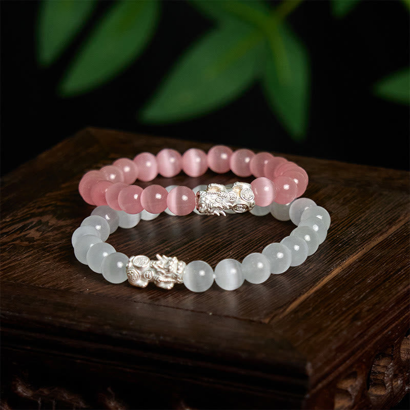 Wear FengShui Natural Cat's Eye Beads 990 Sterling Silver Pixiu Positive Bracelet