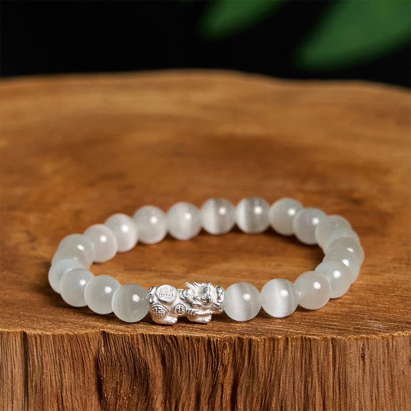 Wear FengShui Natural Cat's Eye Beads 990 Sterling Silver Pixiu Positive Bracelet