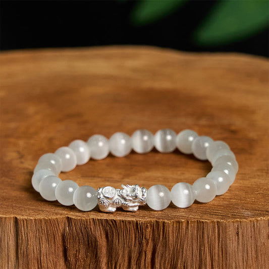 Wear FengShui Natural Cat's Eye Beads 990 Sterling Silver Pixiu Positive Bracelet