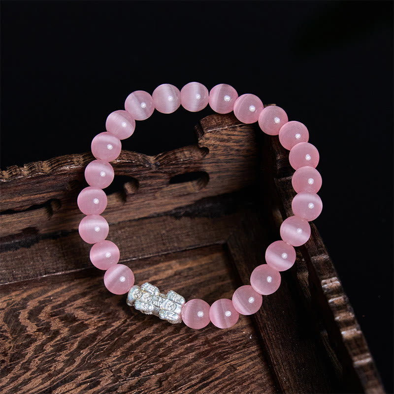 Wear FengShui Natural Cat's Eye Beads 990 Sterling Silver Pixiu Positive Bracelet
