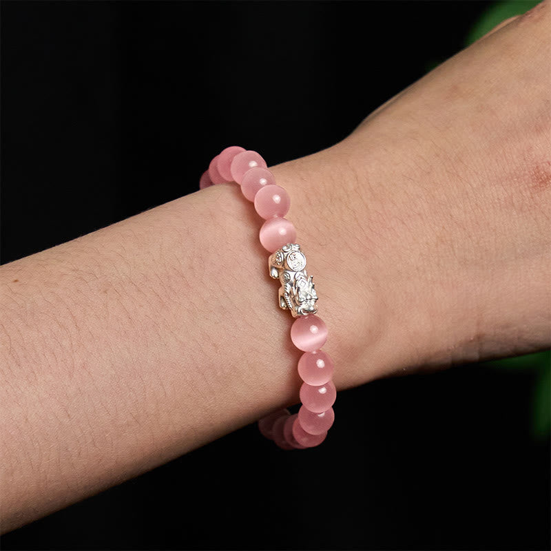 Wear FengShui Natural Cat's Eye Beads 990 Sterling Silver Pixiu Positive Bracelet
