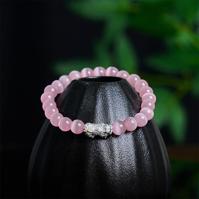 Wear FengShui Natural Cat's Eye Beads 990 Sterling Silver Pixiu Positive Bracelet
