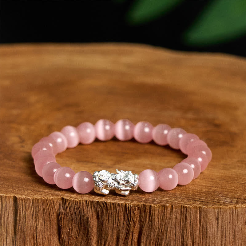 Wear FengShui Natural Cat's Eye Beads 990 Sterling Silver Pixiu Positive Bracelet