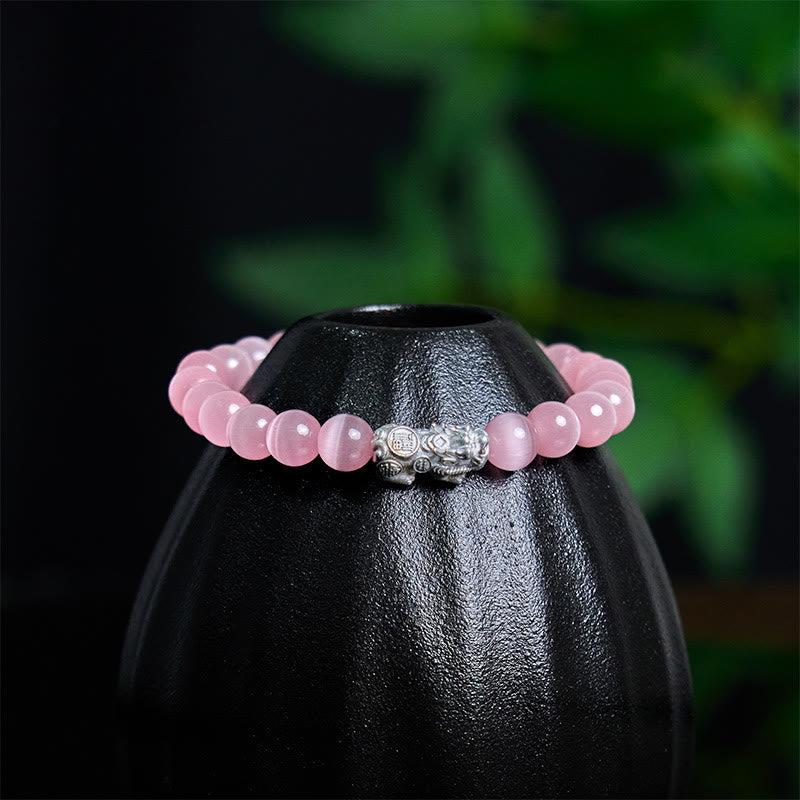 Wear FengShui Natural Cat's Eye Beads 990 Sterling Silver Pixiu Positive Bracelet