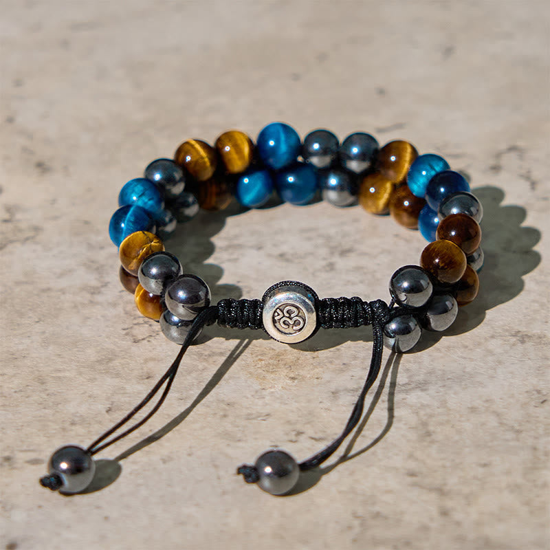 Wear FengShui Natural Blue Tiger Eye Black Magnetite Om Pattern Double Row Beads Strength Bracelet
