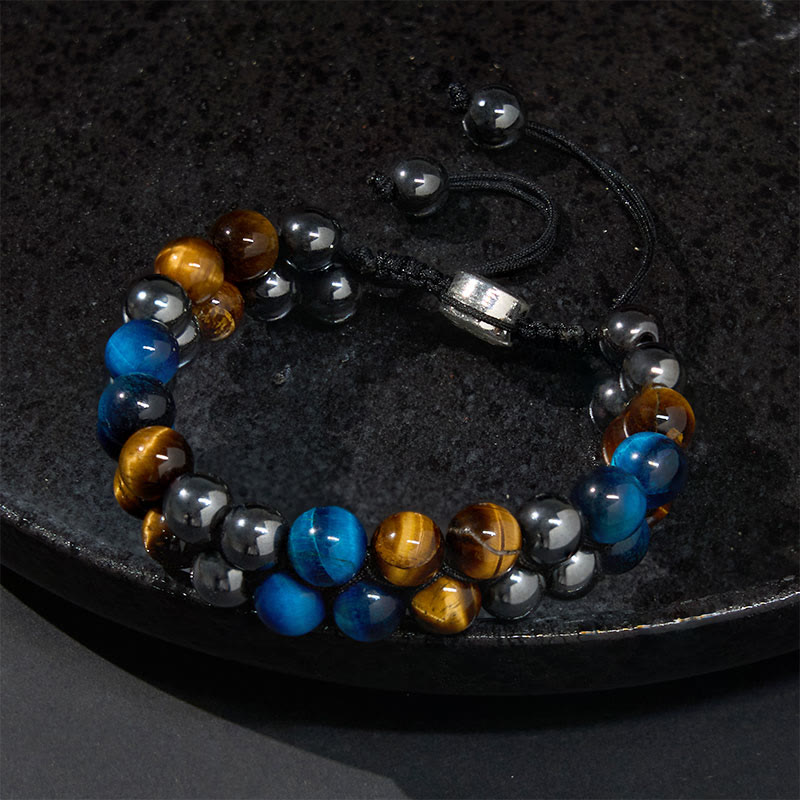Wear FengShui Natural Blue Tiger Eye Black Magnetite Om Pattern Double Row Beads Strength Bracelet