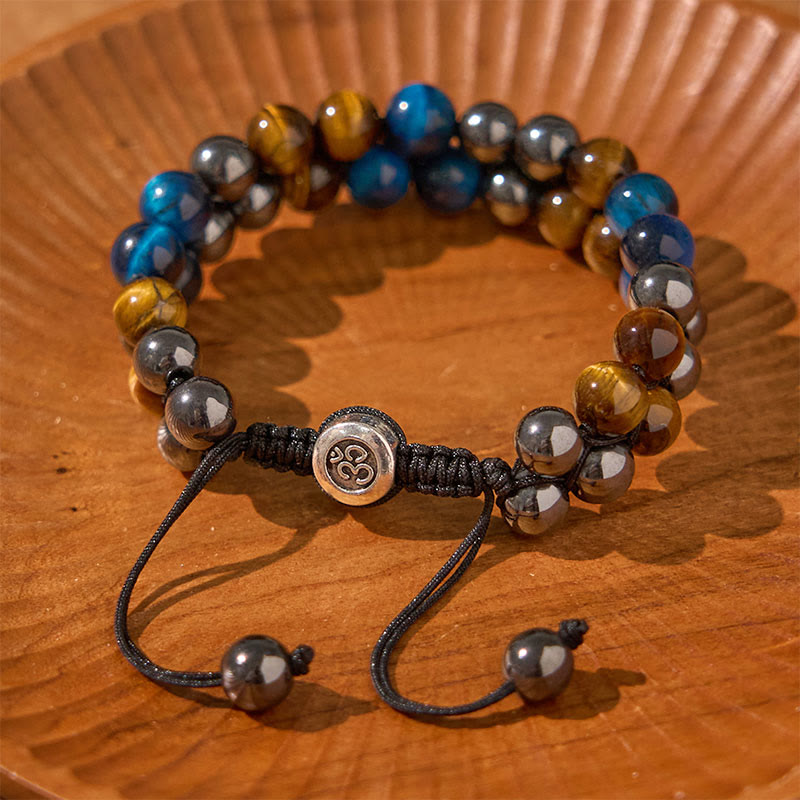Wear FengShui Natural Blue Tiger Eye Black Magnetite Om Pattern Double Row Beads Strength Bracelet