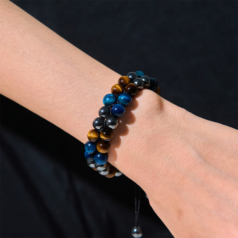 Wear FengShui Natural Blue Tiger Eye Black Magnetite Om Pattern Double Row Beads Strength Bracelet