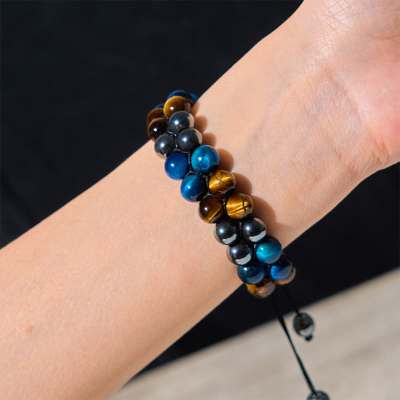 Wear FengShui Natural Blue Tiger Eye Black Magnetite Om Pattern Double Row Beads Strength Bracelet